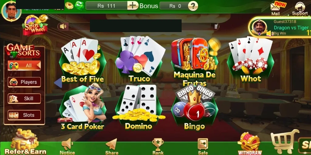 The 3 Patti Crown lobby showing game tiles, a sidebar filtering games by type, and a bonus balance in the header